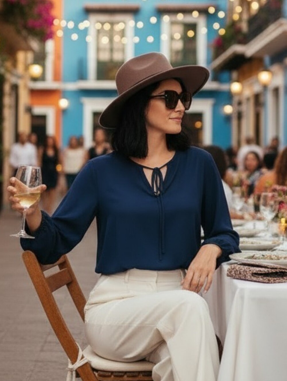 Ann Taylor Navy Blouse with Tie Neck